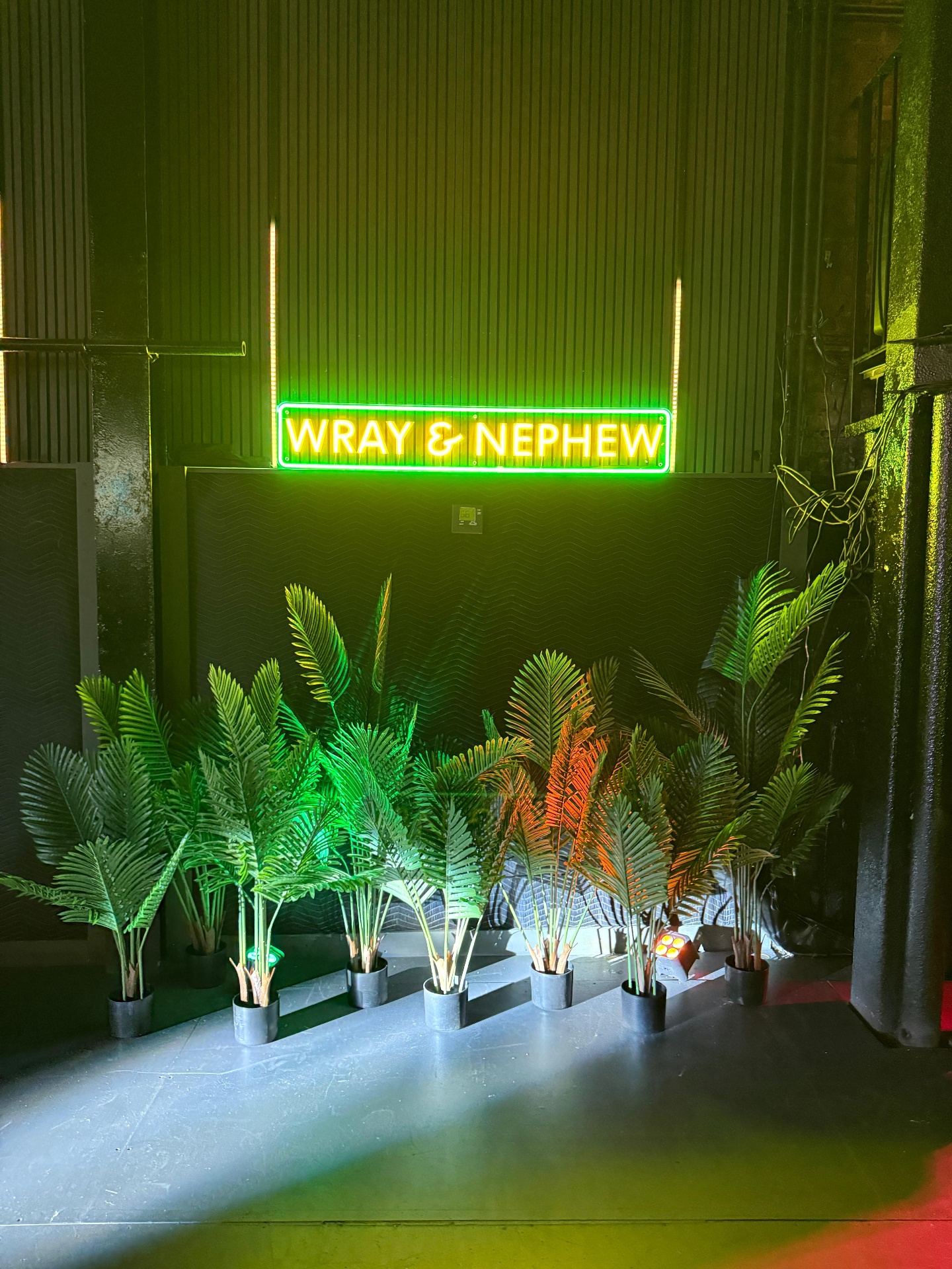 Wray and Nephew neon sign above tropical palm installation at the activation entry
